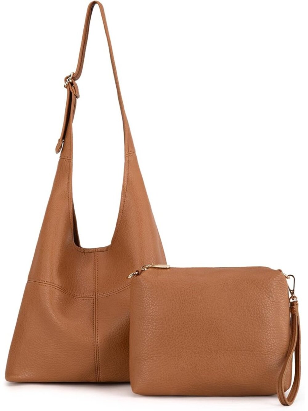 〽️Women's Caramel Slouchy Vegan Leather Matching Wristlet Hobo Shoulder Handbag